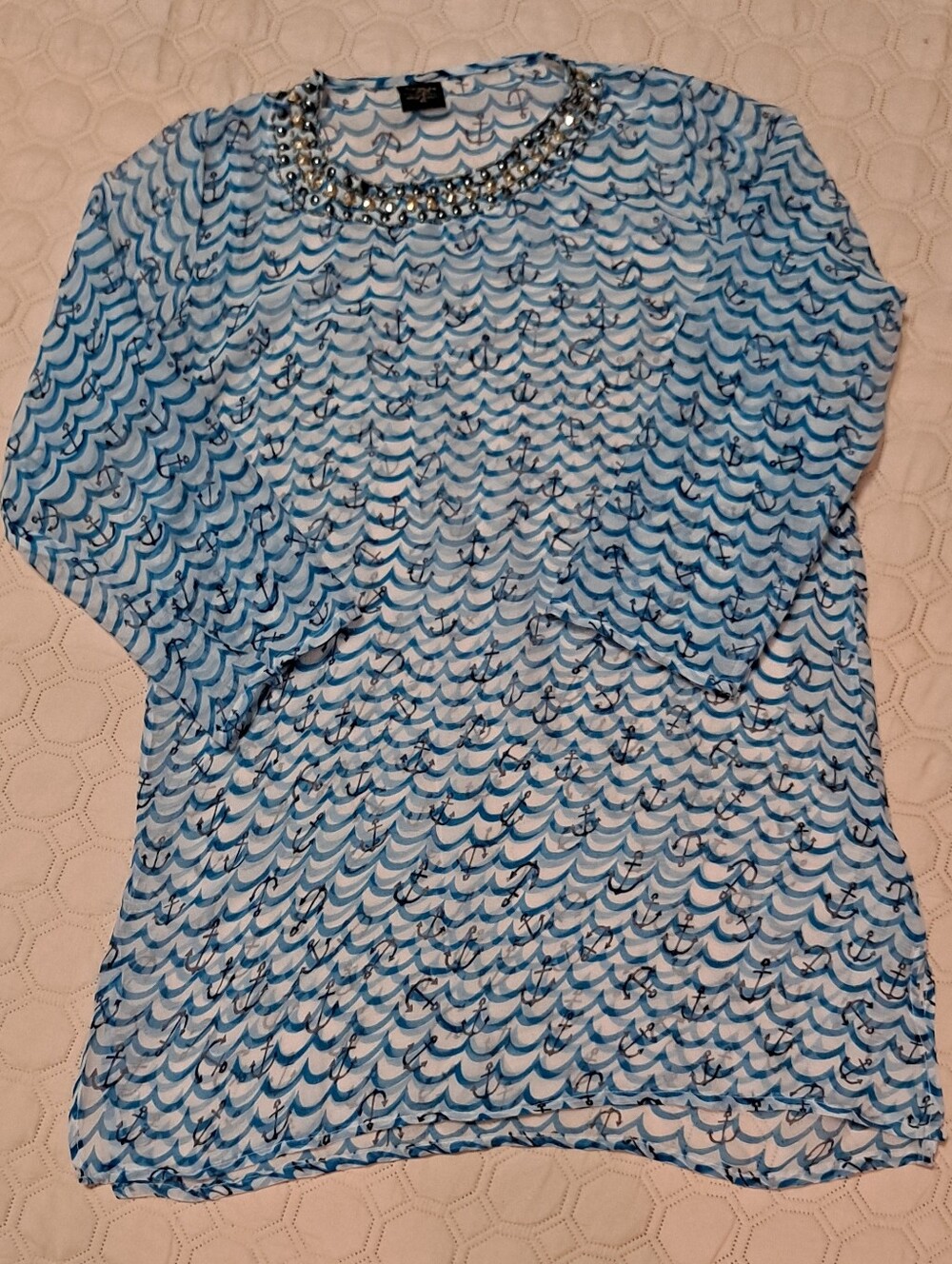 Omja World Embellished Blue Wave-Print Women’s Top Sz XL coverup